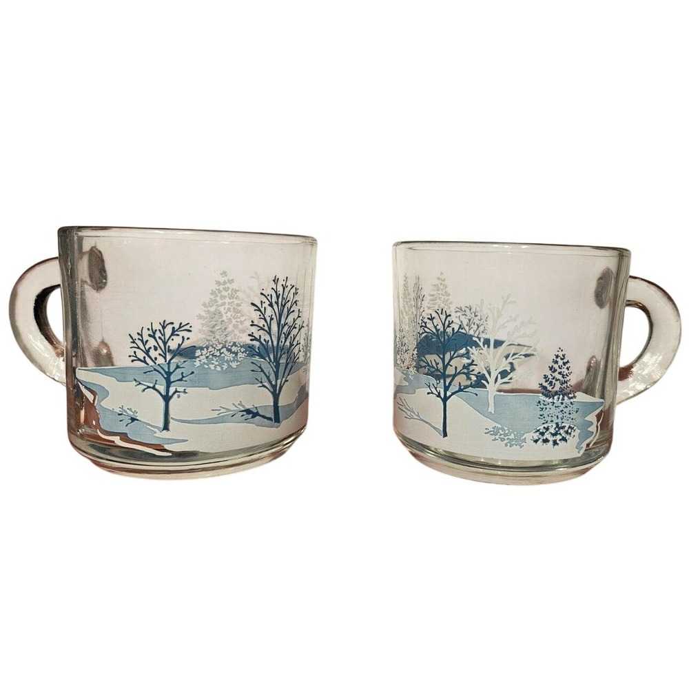 Anchor Hocking Vintage‎ Glass Coffee Mugs Set of 2 Winter Snowy Trees Blue White